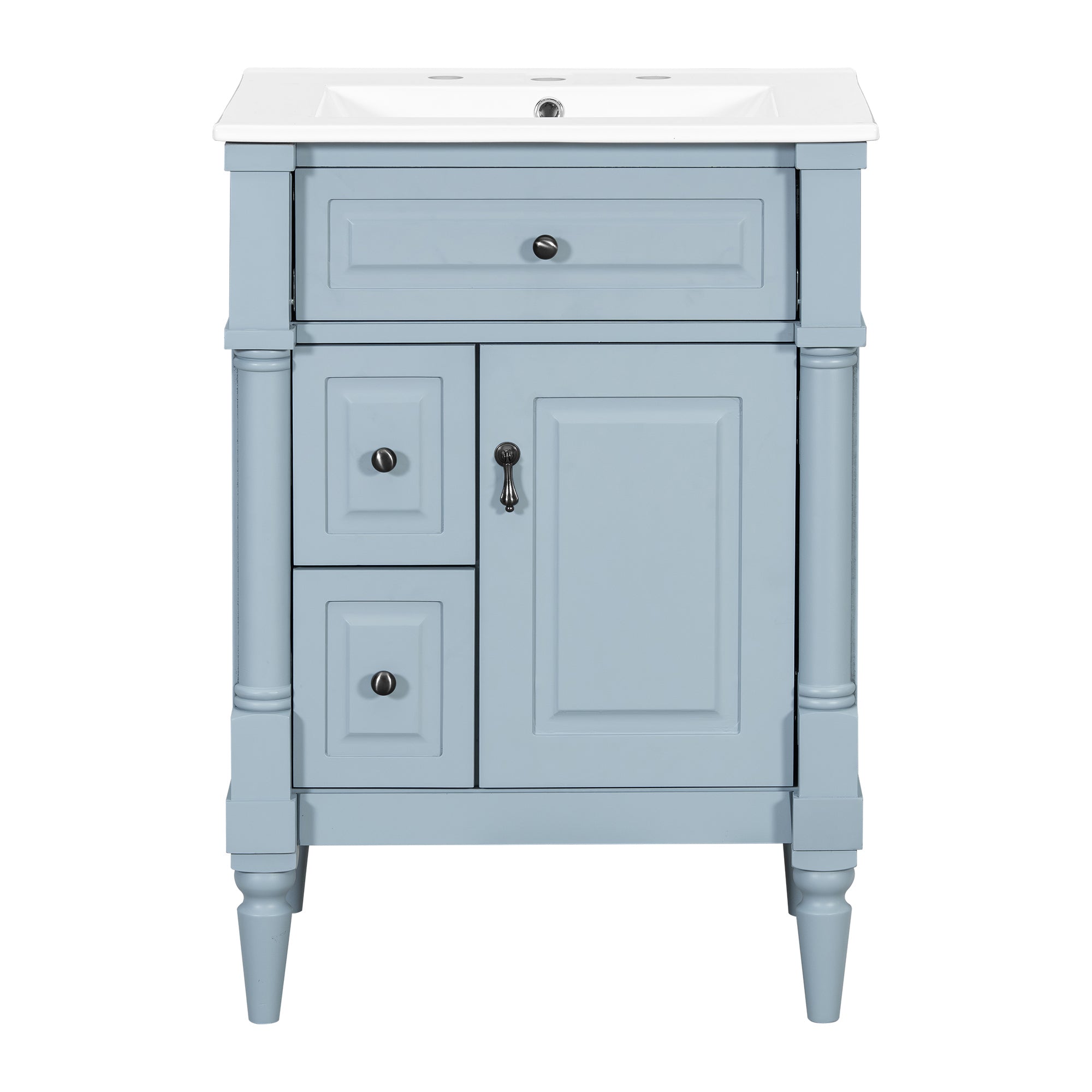 VanityFus 24-in Bathroom Vanity Blue Grey Single Sink Combo with Ceramic Top 1 Door 3 Drawers Adjustable Shelves